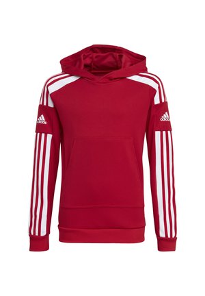 Felpa con cappuccio rossa, con strisce bianche sulle maniche, tasca frontale e polsini a costine. Presenta il logo Adidas sulla manica.