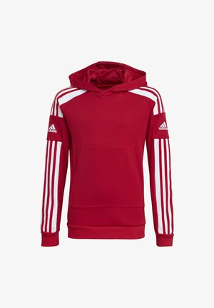Sweatshirt à capuche rouge avec des rayures blanches sur les manches, poche avant et poignets côtelés. Présente le logo Adidas sur la manche.