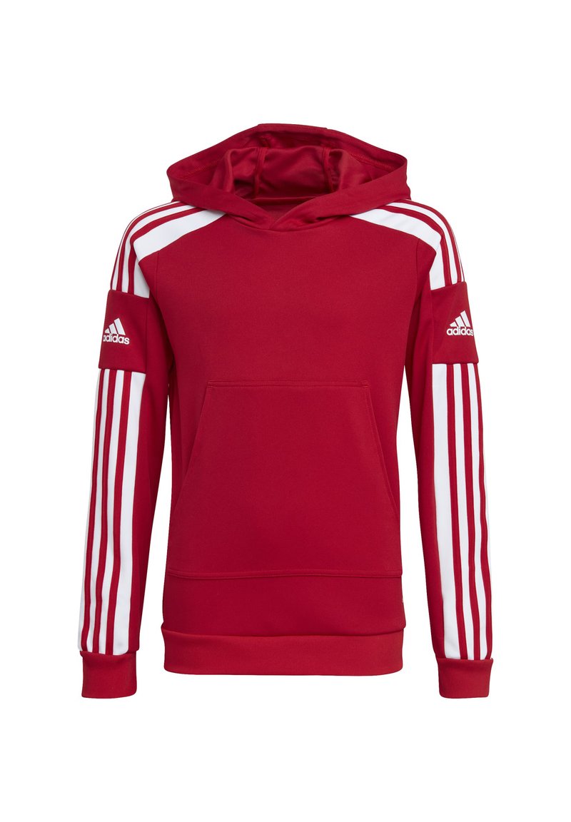 Rød hættetrøje med hvide striber på ærmerne, frontlomme og ribbede manchetter. Har Adidas-logo på ærmet.