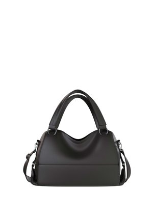 Black leather handbag with double top handles and detachable shoulder strap, shown against a white background.