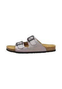 Two-strap slide sandal, metallic silver textured upper, black buckles, tan cork footbed, black rubber sole. Minimalist design with adjustable fit.