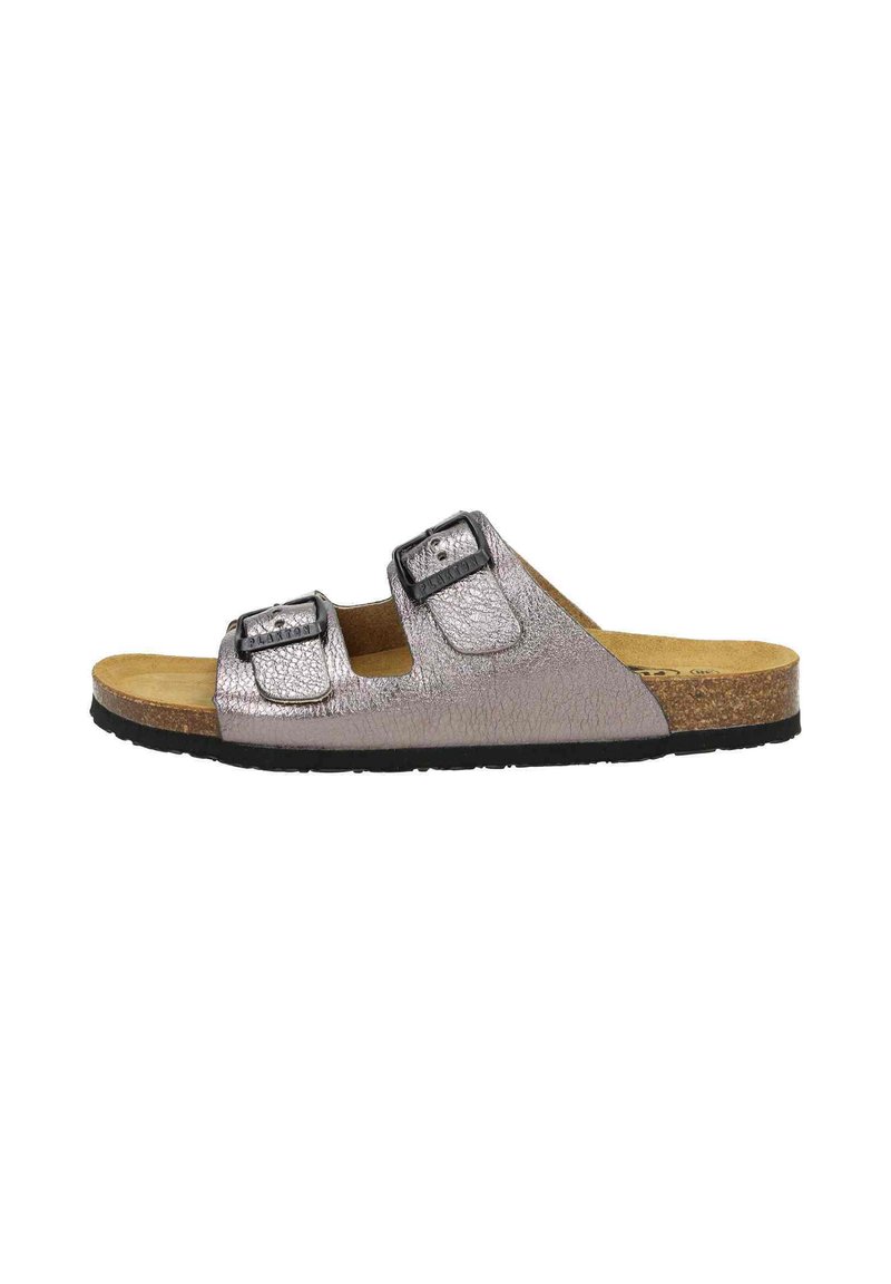 Two-strap slide sandal, metallic silver textured upper, black buckles, tan cork footbed, black rubber sole. Minimalist design with adjustable fit.