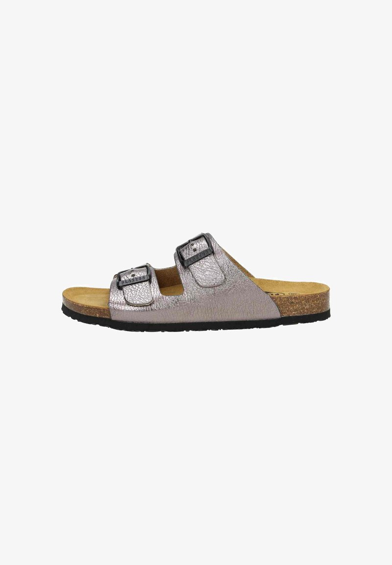 Two-strap slide sandal, metallic silver textured upper, black buckles, tan cork footbed, black rubber sole. Minimalist design with adjustable fit.