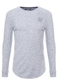 Graues Langarmshirt aus strukturiertem Stoff mit geripptem Design, Rundhalsausschnitt und einem kleinen gestickten Logo auf der linken Brustseite.