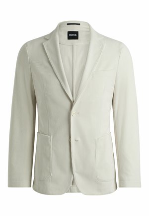 Light gray corduroy blazer with two front pockets, a single button closure, and a notched lapel. Features subtle ribbed texture and brand label.