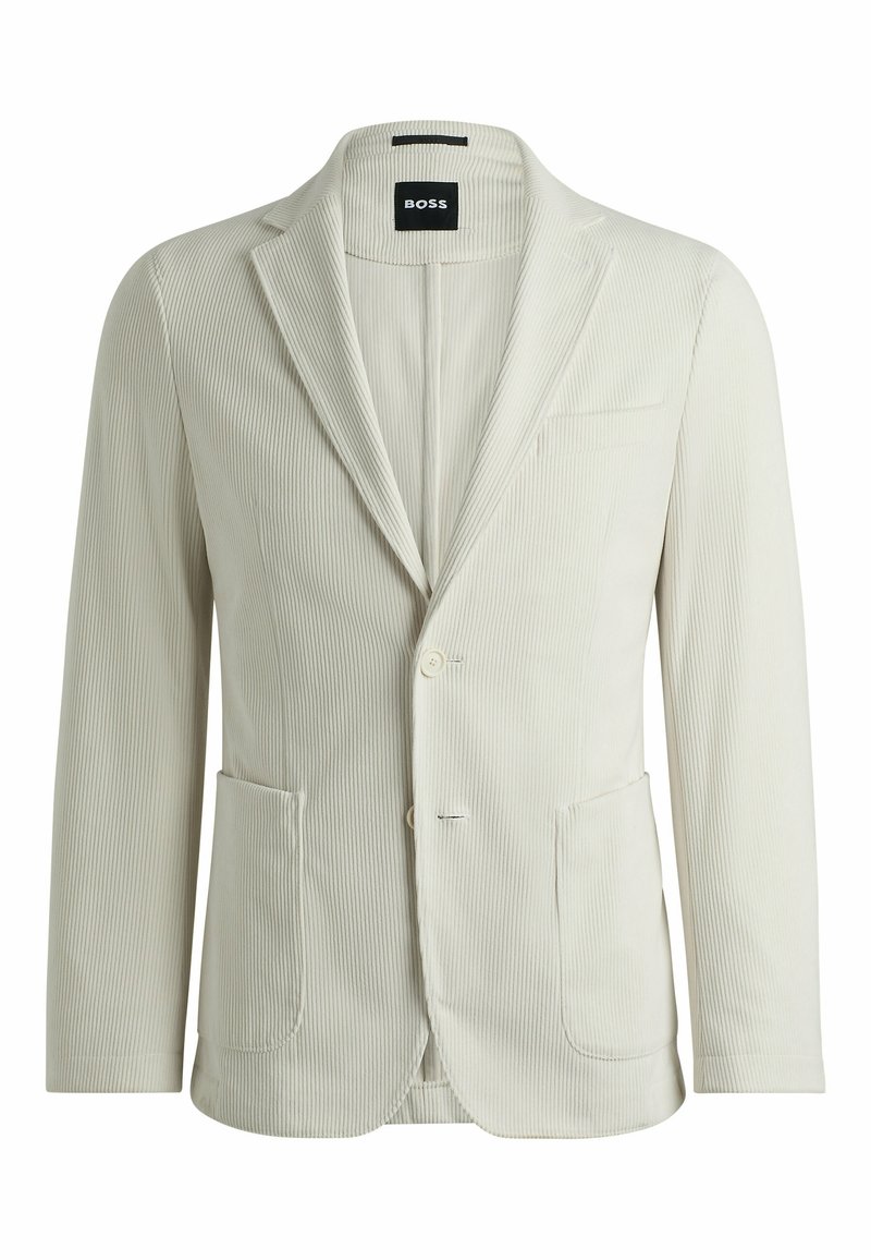 Lichtgrijze corduroy blazer met twee voorkruiken, een enkele knoopsluiting en een notch-lapel. Kenmerken zijn een subtiele ribtextuur en merkje.