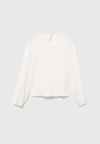 Blusa bianca a maniche lunghe con maniche arricciate, chiusura a bottone con apertura a chiave sul collo dietro e vestibilità rilassata.