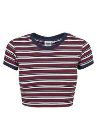 Top corto de algodón con textura acanalada, que presenta rayas horizontales en rojo, azul marino y blanco, con un cuello azul marino y dobladillos de las mangas.