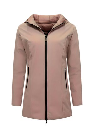 Lange mauve damesjas met capuchon, zwarte ritssluiting aan de voorkant en zwarte ritssluiting aan de zijzakken, getoond op een witte achtergrond.