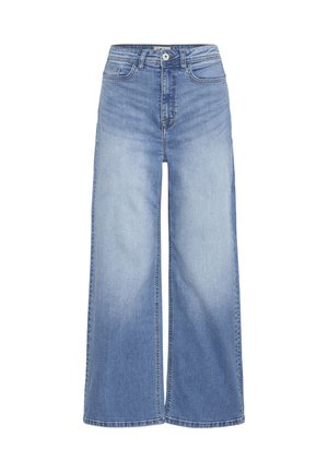 Jeans blu in denim a vita alta e gamba larga, con zone sbiadite sulla parte frontale delle cosce, chiusura con bottone e cerniera, tasche davanti e dietro.