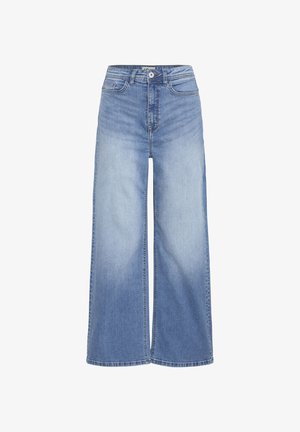 High-waisted, wide-leg blue denim jeans with faded front thigh areas, button and zipper closure, and front and back pockets.
