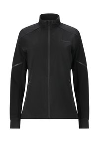 Svart idrottsjacka i mjukt, lättviktsmaterial med hög krage, hel dragkedja ochreflekterande detaljer på axlar och ärmar.