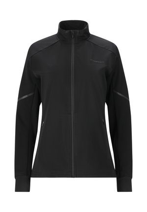 Schwarze Sportjacke aus weichem, leichtem Material, mit hohem Kragen, durchgehendem Reißverschluss und reflektierenden Akzenten an Schultern und Ärmeln.