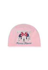 Beanie rosa realizzato in morbido tessuto, con una grafica di Minnie Mouse che indossa un fiocco a pois, e la scritta "Minnie 2018" in blu e argento.