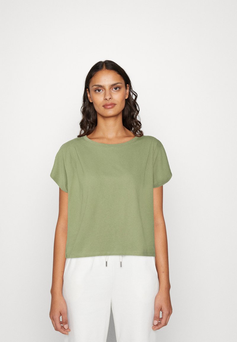 Khaki Print Pleated Drape Neck T-Shirt main image 1