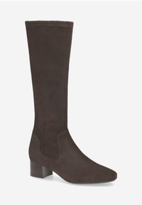 Bottes en cuir suédé marron, montantes jusqu'au genou, à bout pointu, avec semelle en cuir et talon empilé. Présente un design lisse et sans couture avec des accents latéraux.