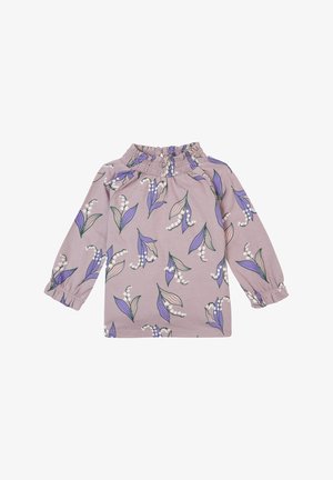Purple floral-patterned long-sleeve top with gathered neckline and wrist cuffs. Made from soft fabric with a smooth texture.