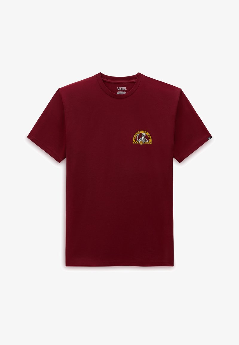 Maroon cotton t-shirt with short sleeves; features a small, multicolored graphic on the chest, including text in yellow and black accents.