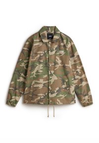 Tarnjacke in Brauntönen, Grün und Beige; verfügt über eine knöpfbare Vorderseite, zwei seitliche Taschen, elastische Bündchen und einen Kordelzug am Saum.