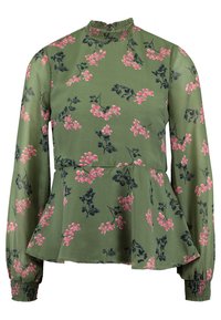 Green floral peplum top with pink flowers and navy leaves. Features long sleeves and a ruffled mock neck. Smooth, lightweight fabric.