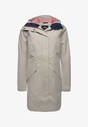 Beige Outdoor-Jacke mit einer Kapuze in Rosa und Marineblau, ausgestattet mit Reißverschluss und Druckknopfverschlüssen, Seitentaschen und tailliertem Schnitt. Weicher Stoff, leichtes Material.