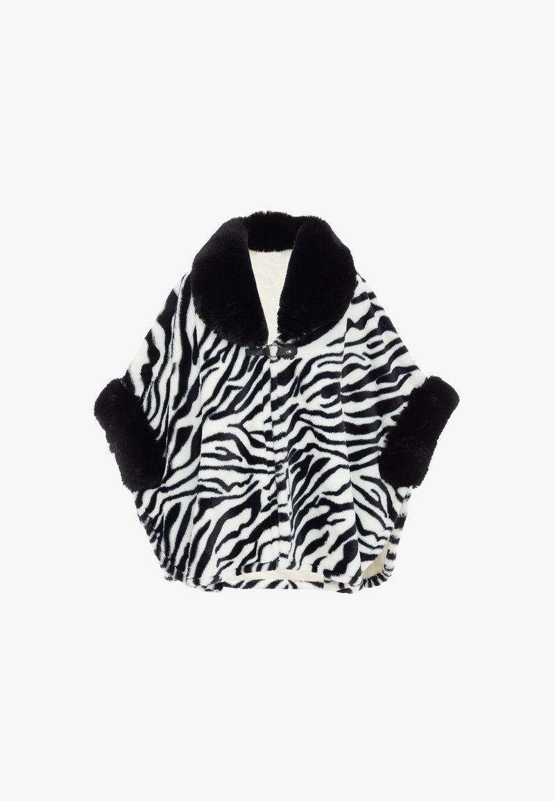 Peleryna z sztucznego futra w wzór zebry z czarnym kołnierzem i mankietami. Posiada centralne zapięcie i miękką teksturę. Przeważają kolory czarny i biały.