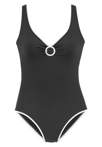 Zwart één-piece badpak met een diepe V-hals, geplooid middenstuk, witte afwerking en cirkelvormige accentdetail bij de borst. Soepele, rekbare stof.