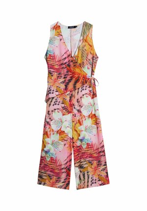 Salopetă fără mâneci, tip petrecut, cu pantaloni largi, având un model tropical multicolor cu flori și frunze în tonuri de roz, portocaliu, galben și verde.