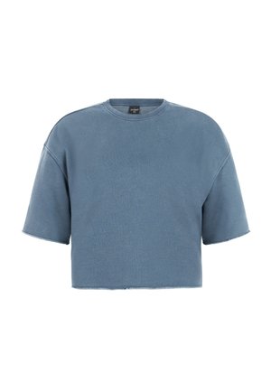 Sweat-shirt court à manches courtes dans une teinte bleue douce. Il présente un col rond et des bords bruts pour une coupe décontractée. Tissu au toucher doux.