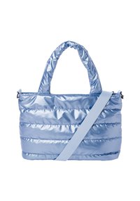 Sac fourre-tout bleu bouffant en matériau en nylon brillant, avec deux poignées et une bandoulière amovible. Texturé avec un motif matelassé horizontal.
