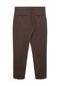 Braune Hosen mit glatter Textur, ausgestattet mit zwei Gesäßtaschen mit schwarzen Knöpfen, maßgeschneidertem Design und geradem Beinverlauf.