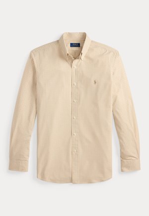 Béžovo-biela košeľa s dlhým rukávom a malým kockovaným vzorom, gombíkmi, golierom a vyšívaným logom Polo Ralph Lauren na hrudi.