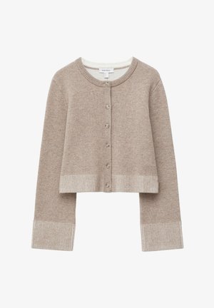 Beige knitted cardigan with a round neckline, button front, and ribbed cuffs. Soft texture with a cropped design and light gray accents.