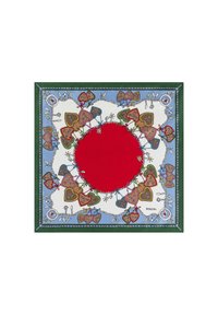 Square silk scarf featuring a bright red center, surrounded by a blue and white border with decorative heart shapes and floral motifs.