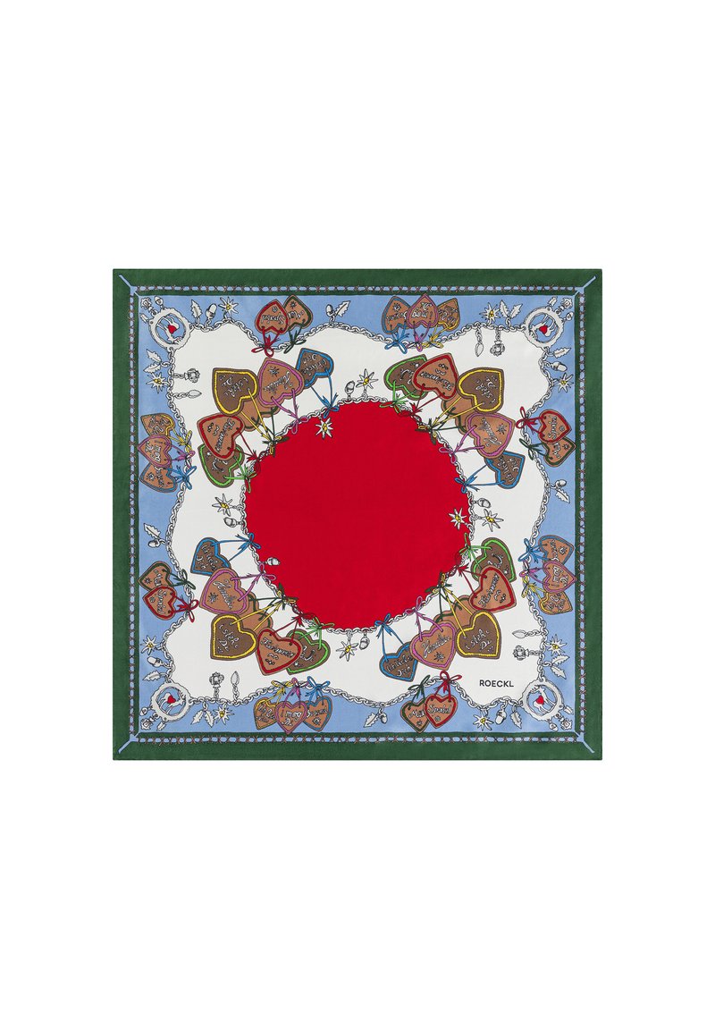 Square silk scarf featuring a bright red center, surrounded by a blue and white border with decorative heart shapes and floral motifs.