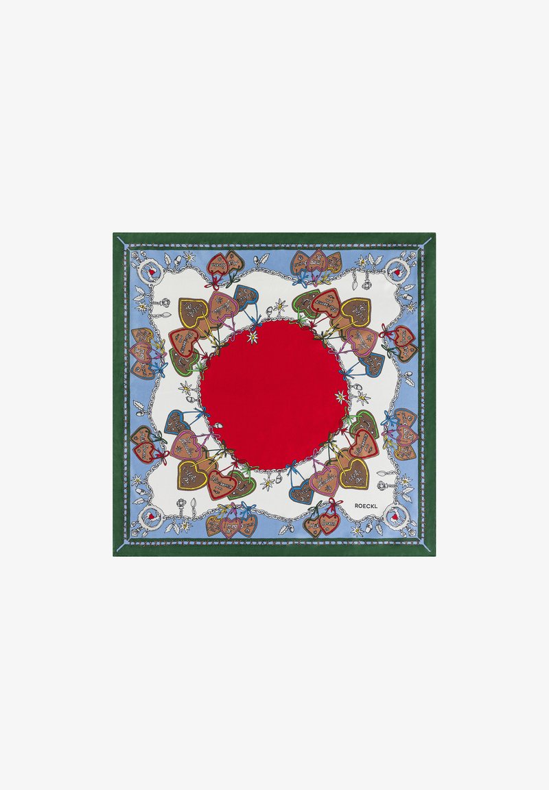 Quadratisches Seidentuch mit einem leuchtend roten Mittelpunkt, umgeben von einem blau und weißen Rand mit dekorativen Herzformen und floralen Motiven.