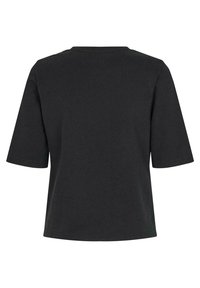Schwarzes T-Shirt mit kurzen Ärmeln und rundem Halsauschnitt. Hergestellt aus Baumwolle, zeichnet es sich durch eine lockere Passform und eine glatte Textur ohne sichtbare Muster oder Grafiken aus.