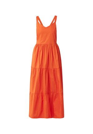 Vestido maxi en un vibrante color naranja, hecho de algodón ligero. Presenta un diseño de volantes, con tirantes anchos y un escote en V.