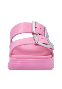 Pink platform sandal with two wide straps, adjustable silver buckles, textured sole, and a glossy finish. Open design for ventilation.