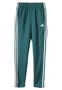 Pantaloni sportivi Adidas turchesi con vita elasticizzata, strisce laterali bianche, tasche frontali e logo Adidas sulla coscia superiore.