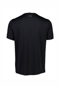 Svart t-shirt med kort ärm, tillverkad av slät tyg, med rundad halsringning och en enkel design med minimala sömnadsdetaljer.