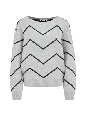 Grå tröja med ett Chevron-mönster i svart. Har en bred halsringning, långa ärmar och en avslappnad passform, tillverkad av mjukt material.