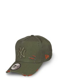 Olive green baseball cap with distressed details, embroidered logo, adjustable strap, and orange accents on the bill and sides.