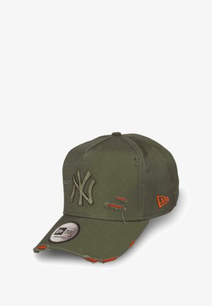 Olive green baseball cap with distressed details, embroidered logo, adjustable strap, and orange accents on the bill and sides.
