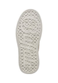 Semelle de chaussure en caoutchouc texturé gris clair avec une surface antidérapante à motifs, présentant un logo en relief et des designs géométriques sur toute la surface.