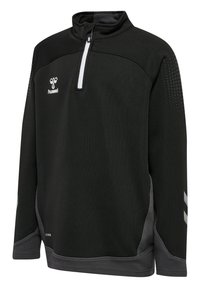 Svart långärmad sweatshirt med halvhög dragkedja, texturerat tyg, mesh-accenter, Hummel-logotyp och grå detaljer på ärmar och fåll.