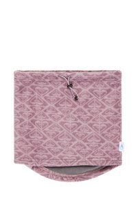 Fleece nekwarmer in zacht roze, met een geometrisch patroon, elastische trekkoordsluiting en een gladde binnenvoering.