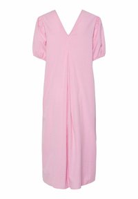 Ružičasta karirana haljina s V-izrezom, puhovitim rukavima i nabranim dizajnom na leđima, izrađena od lagane tkanine. Obrezana do koljena.