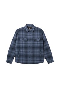 Chaqueta de cuadros en tonos azul oscuro y gris, con un cierre de botones en la parte delantera, dos bolsillos en el pecho y un cuello clásico. Textura de tela suave.