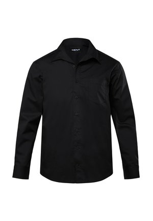 Sort langærmet skjorte med knapper og spidse krave, enkelt brystlomme og en glat stoftekstur. Seks knapper på forsiden.